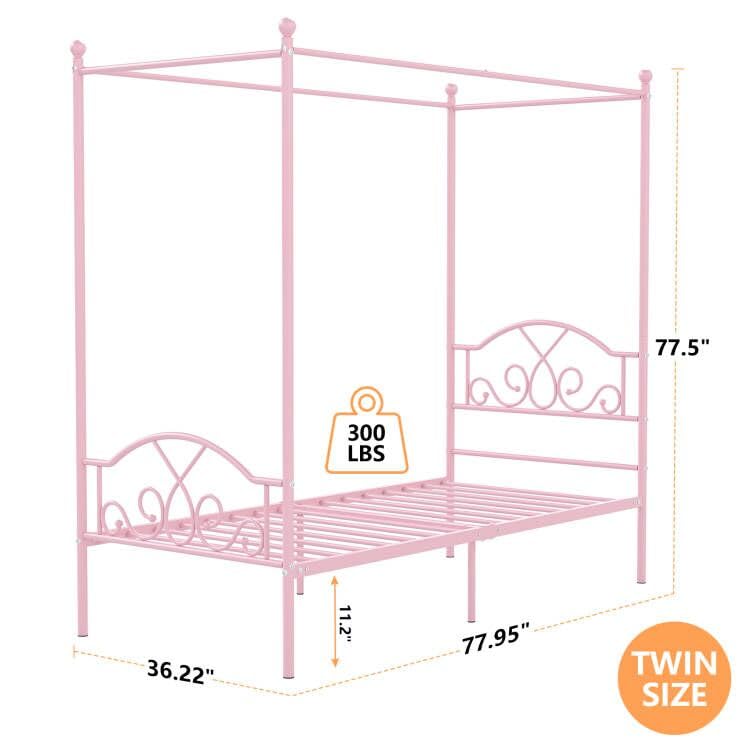 Weehom Princess Canopy Bed Frame with 4 Posters, Sturdy Metal Platform Mattress Foundation with Headboard&Footboard No Box Spring Needed Twin Size Bed for Kids Girls Adults Pink Weehom
