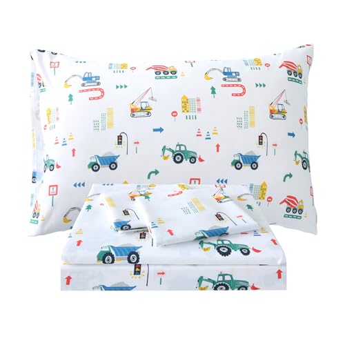 FEKOHIPY Kids Sheet Set Excavator Twin Size Bedsheet for Boys, 3PCS Digger Vehicle Printed Microfiber Soft Breathable Children Bedding Easy-Fit 14 Inch Deep Pocket FEKOHIPY