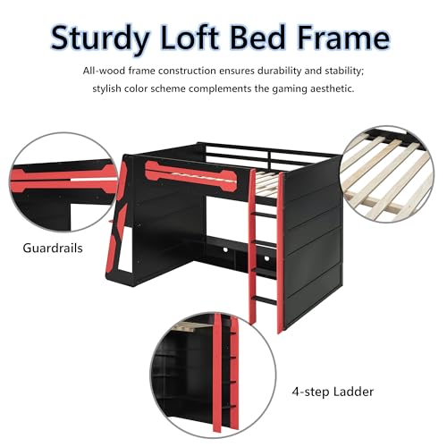 Polibi Wood Full Size Gaming Loft Bed with Desk and Shelf,Bed Frame with LED Light,USB Ports and Storage Cabinet,Red Polibi