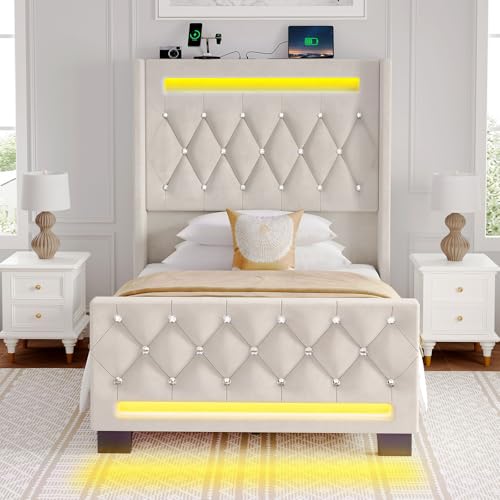 Rolanstar Twin Bed Frame with LED Light and Charging Station, Upholstered High Headboard and Footboard, Wood Slats, Noise Free, Easy Assembly, Beige Rolanstar
