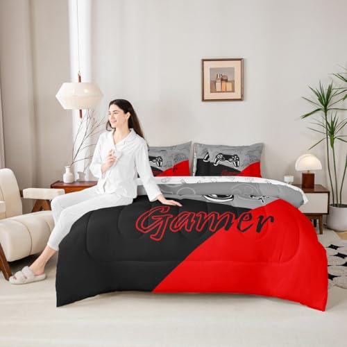 Feelyou Gamer Comforter Set with Sheets for Boys Teens Gaming 7 Piece Bedding Set King Size Video Game Contoller Home Bed in a Bag Decor for Kids Bed Set Feelyou