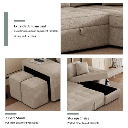 Eafurn L Shaped Reversible Sleeper Sectional Sofa Pull Out Couch Bed with Storage Chaise Lounge and 2 Stools, Button Tufted Chenille Upholstered Convertible Pullout Sofabed for Living Room Office Eafurn