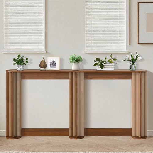 71 Inch Narrow Console Table Behind Couch, Mid-Century Modern Fluted Skinny Entryway Table, Long Slim Sofa Table for Hallway, Living Room, Wood, Brown, Walnut Xyulmeo