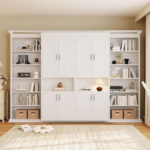 MERITLINE Full Murphy Bed with Storage Shelves,Cabinets,Bookcase, Wood Vertical Murphy Wall Bed Cabinet with Storage Shelves Bookshelves,for Adults,White MERITLINE