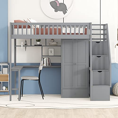 Harper & Bright Designs Twin Size Loft Bed with Desk, Wood Loft Bed Frame with Wardrobe, Bookshelf and Drawers, Gray Harper & Bright Designs