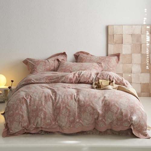 VM VOUGEMARKET Blush Pink Flower Duvet Cover Set Queen,3 Pieces Retro Jacquard Pink Floral Bedding Set,Linen Cotton Yarn-Dyed Textured Duvet Cover with Zipper Closure VM VOUGEMARKET