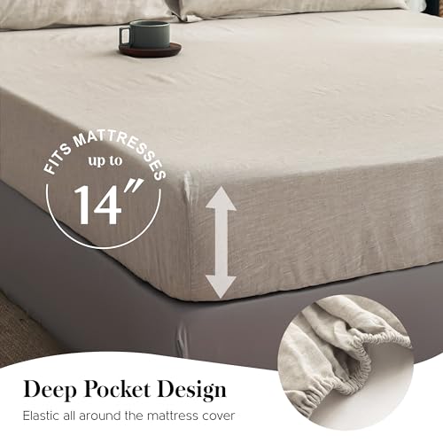 Simple&Opulence 100% Pure Linen Sheet Set King Size, Natural French Flax Solid Color 4 Pcs Washed Breathable, Farmhouse Bedding (1 Flat Sheet,1 Fitted Sheet,2 Pillowcases)-Embroidery Linen Simple&Opulence