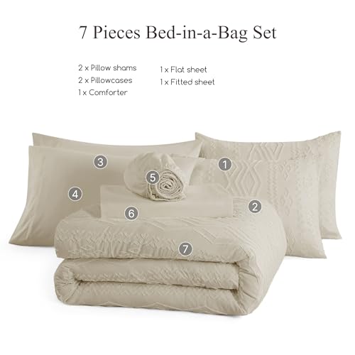 AMBERSPACE King Size Comforter Set Beige, Tufted Boho Bedding Farmhouse Bed Set, All Season 7 Pieces Bed in a Bag with Sheets, Pillowcases & Shams AMBERSPACE