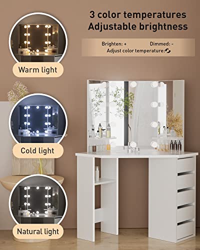 Likein Corner Makeup Vanity Desk with Mirror and Lights, Bedroom Vanity Table with Lighted Mirror 5 Drawers and Storage Shelf for Women Girls White Likein