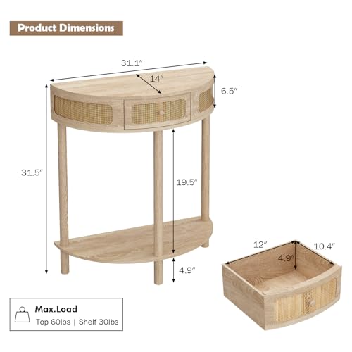 RowyPoey Rattan Half Moon Console Table-Modern Small Entryway Table with Rattan Drawer and Storage Shelf, Boho Farmhouse Wood Sofa Table for Living Room Hallway Foyer Sofa Side, Natural RowyPoey