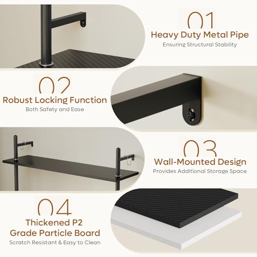 Bestier Gaming Floating Shelves, 24 inch LED Wall Mounted Shelves with Towel Bar, Coffee Bar Shelves with Glass Shelf & 8 Hooks, 3 Tier Hanging Display Rack for Wall Decor, Black Carbon Fiber Bestier