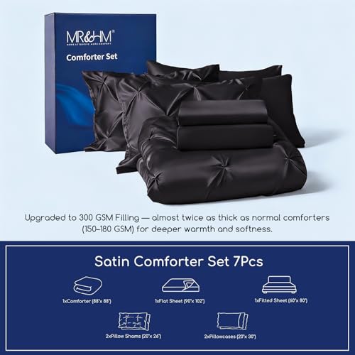 MR&HM Satin Comforter Queen 7 Pieces - Luxurious Pinch Pleat Bedding Set with Comforter, Flat Sheet, Fitted Sheet, Pillowcases & Shams, Super Silky Soft Bed Set for All Season (Queen, Black) MR&HM