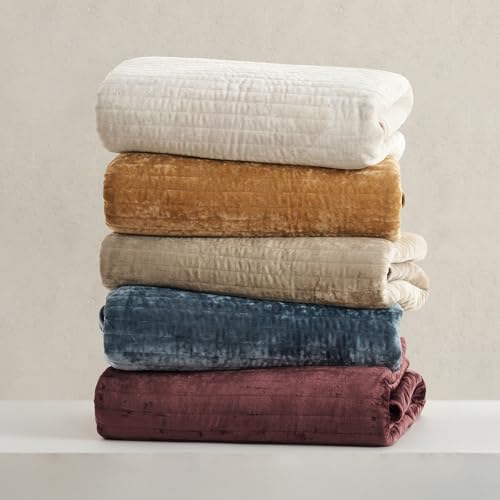 EVERGRACE Velvet Quilt Set King Size, Luxurious Soft Striped Channel Bedding Set, Lightweight Velvet Comforter for All Season, Oversized Bedspread Coverlet with 2 Matching Shams, Beige Taupe EVERGRACE