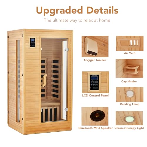2024 Upgrade 1 to 2 Person Infrared Sauna, Low EMF Infrared Sauna for Home, Indoor Sauna Room, Hemlock Wooden Far Infrared Sauna, Dry Sauna with Bluetooth Speakers, LED Reading and Chromotherapy Lamp PioneerWorks