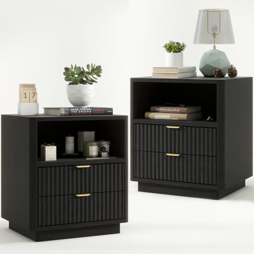 Fluted Nightstands Set of 2, Black Night Stands with 2 Drawers and Open Shelves, Wooden Nightstand Modern Design Night Stand for Bedroom Sofa Office (2, Black) ROCSUMOO