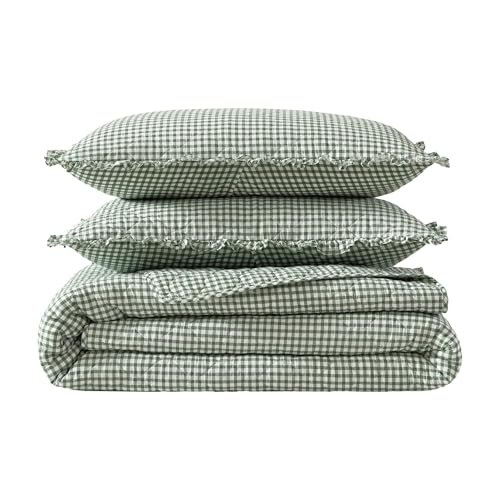 Laura Ashley - Full/Queen Quilt Set, Pre-Washed Cotton Bedding with Matching Sham, Lightweight for Year Round Use, Oeko-Tex Certified (Gracies Gingham Green) Laura Ashley