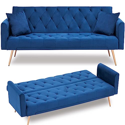 Majnesvon 71" Convertible Folding Sleeper Sofa Couch,Modern Velvet Loveseat Sleeper with 2 Pillows, Futon Sofa Bed with Mattress and Frame for Living Room,Bedroom,Small Space (Blue) Majnesvon