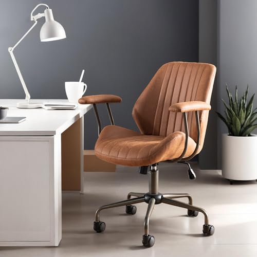 Mid Back Home Office Chair, Mid Century Modern Executive Chair, Comfy Ergonomic Rolling Office Desk Chair with Lumbar Support, Brown Faux Leather Office Chair, Brown weaxty W