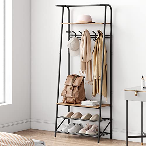 IDEALHOUSE Coat Rack Shoe Bench with 5 Hooks, Hall Trees Entryway Bench with Storage, Multifunctional Hallway Organizer, Wood Look Accent Furniture with Metal Frame for Entryway, Living Room, Bedroom IDEALHOUSE