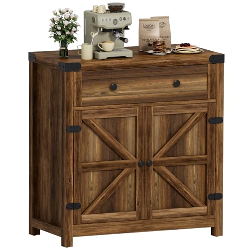 YESHOMY Coffee Bar Accent Cabinet, Farmhouse Barn Door Buffet Sideboard with Drawer and Adjustable Shelf, Wide Desktop for Kitchen, Dining Room, Bathroom, Entryway, Brown YESHOMY