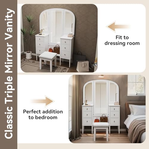 JIJIWANG 68.75H Antique Makeup Vanity Desk with Triple Mirror,6-Drawer Dressing Table Set Including Stool,Full Length Mirror for Bedroom Dressing Room,White JIJIWANG