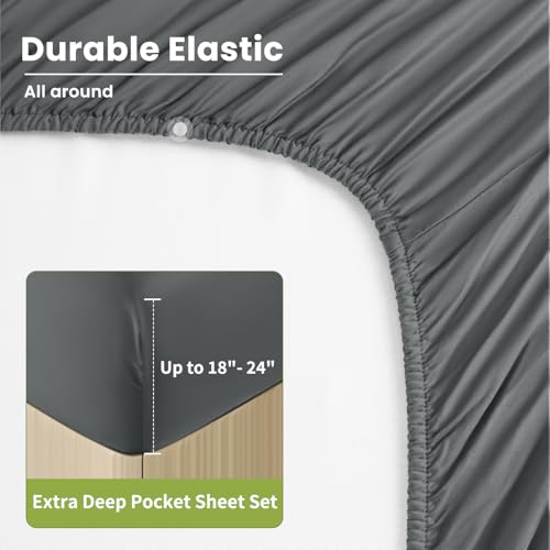 Shilucheng 100% Viscose Derived from Bamboo_Sheets, Extra Deep Pocket Sheets Fits 18"-24" Thick Mattress, Cooling & Breathable Bed Sheets 4Pcs, Hotel Silky Bedding Set (Queen,Dark Grey) Shilucheng