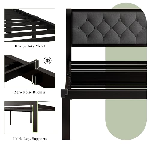 Feonase Twin Size Metal Bed Frame with Linen Upholstered Headboard, Heavy-Duty Platform Bed Frame with 12" Storage, Steel Slats Support, No Box Spring Needed, Gray Feonase