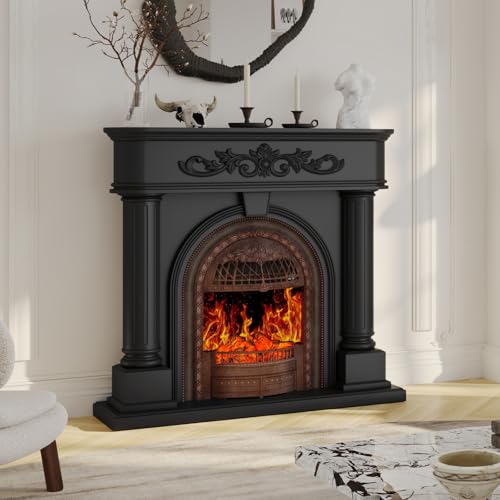 50” Solid Wood Electric Fireplace with Mantel, Black Roman Column TV Stand with Antique Bronze Finish Birdcage Heater Insert, Elegant Fireplace for Living Room, Bedroom & Entryway BLANKSPACE