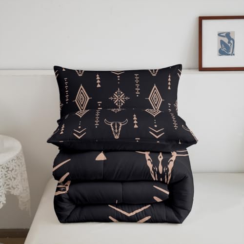 Bull Skull Comforter Set Twin Boho Bedding Ethnic Horns Bohemian Bedding Comforter Sets Black Brown Tribal Symbol Mysterious Aztec Bedroom Decor Abstract Geometric Duvet Insert for Men Boys
