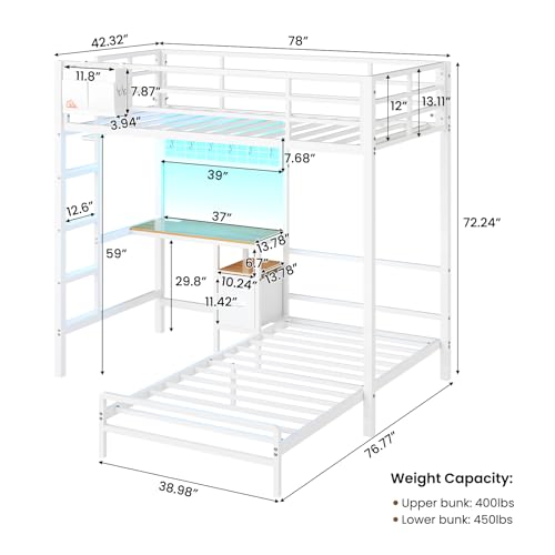 DICTAC Twin Over Twin Bunk Bed with Desk,Led Lights and Charging Station Metal L-Shaped Bunk Beds with Storage Drawers and Shelves, Loft Bed with Safety Guardrail and Ladder for Kids and Teen,White DICTAC