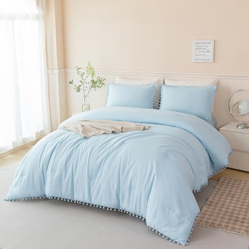 PERFEMET 5 Pieces Twin Bedding Sets Light Blue Pom Pom Comforter Set for Girls Boys Soft Fluffy Solid Boho Bed in A Bag with Comforter and Sheets(Light Blue, Twin) PERFEMET