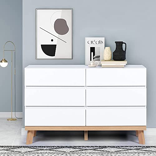 YIGOBUY White Dresser for Bedroom 6 Drawer Double Dresser Chest of Drawers Large Storage Cabinet Wooden Dresser for Bedroom, Living Room, Hallway YIGOBUY