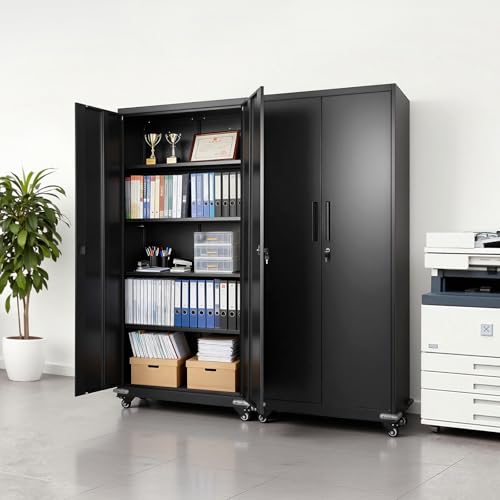 VEVOR Metal Storage Cabinet, 72.6 in Rolling Steel Garage Cabinet with 4 Adjustable Shelves, 2 Magnetic Doors & 2 Keys, 5 Tiers Lockable Tool Storage for Pantry, Warehouse, Basement, Office, Black VEVOR