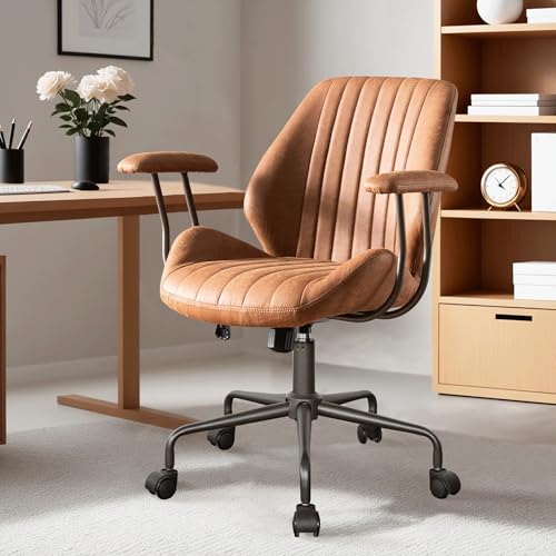 ovios Ergonomic Office Chair, Mid Back Faux Leather Executive Chairs with Armrests, Comfy Mid-Century Modern Swivel Rolling Computer Armchair (Brown, Suede Leather) ovios