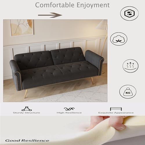 Modern Velvet 2 in 1 Futon Sofa Bed,Convertible Folding Sleeper Bed Couches with 2 Pillows,63" Tufted Recliner Love Seat with Golden Chrome Legs for Living Room Apartment Office (Black) Anwick