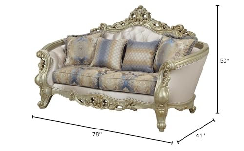 Acme Gorsedd Loveseat with 4 Pillows in Cream Fabric and Golden Ivory Acme