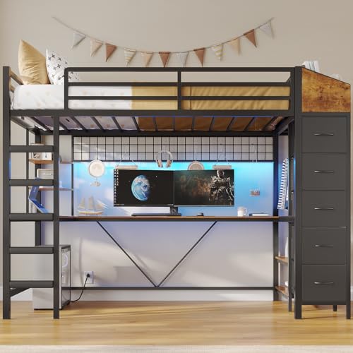 VIAGDO Loft Bed Twin Size with Hall Tree, Charging Station and LED Lights, Metal Loft Bed with L-Shaped Desk, 5 Storage Drawers, Heavy Duty Twin Size Bed with Stairs, No Box Spring Needed, Black VIAGDO