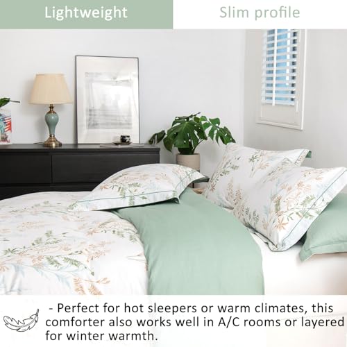 ALEISSEL Natural Cotton 3pcs Botanical Comforter Sets King Size-Green Comforter with Luxurious Tan & Gray Leaves on White, Reversible Lightweight Floral Bedding Sets(King 104"×90") ALEISSEL