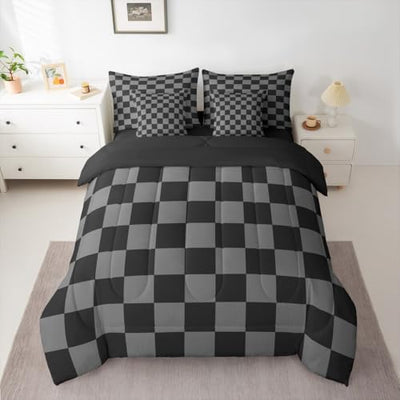 Checkered Retro Comforter Set Queen Size 7 Pieces Black Grey Plaid Bedding Set for Kids Boys Girls Geometric Vintage Bed in a Bag Modern Simple Groovy Aesthetic Bedroom Decor Quilted Lightweight