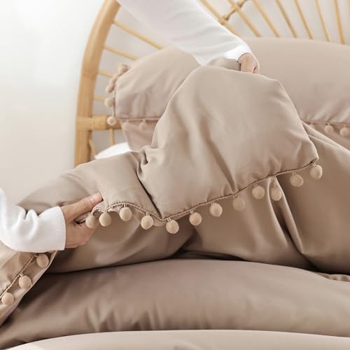 YIRDDEO Twin Comforter Set - Comforter Twin Size Bed with Ball Pom Fringe, Soft Bedding Set for All Seasons - 2 Pieces, 1 Comforter (66"x90") & 1 Pillow Sham(20"x26"), Taupe YIRDDEO