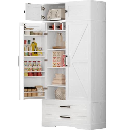 IRONCK Kitchen Pantry 72" Height, with 8 Hanging Shelves, 2 Drawers and Open Storage Cabinet, Freestanding Cupboard for Dining Room Living Room,Industrial White IRONCK