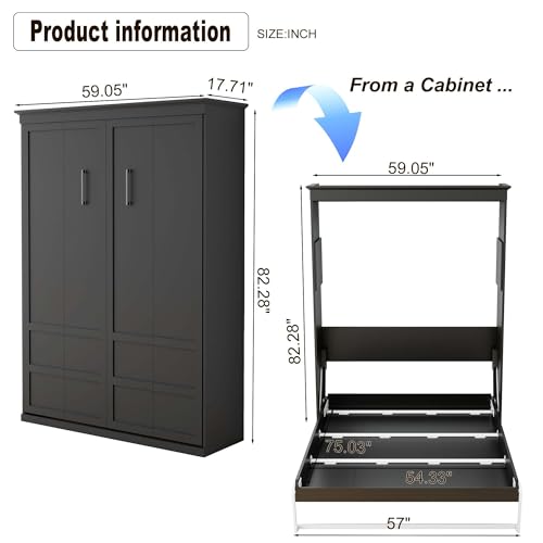 TrendTerrace Black Wood Full Size Murphy Bed: 61'' Space-Saving Wall Bed Cabinet Full for Multipurpose Area, Bedroom/Guest Room/Living Room, (Mattress Not Included) Wall Beds TrendTerrace