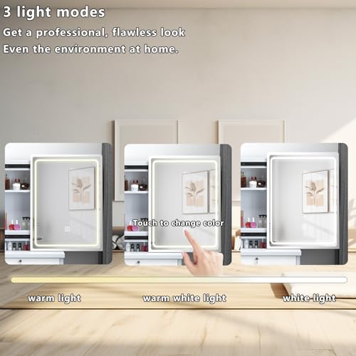 MONGMON Vanity Desk with Mirror and Lights, 3 Lighting Modes, European Style Dressing Table with Drawers, with Open Storage Shelves,Makeup Vanity Table for Bedroom,Gifts for Girls and Women, White MONGMON