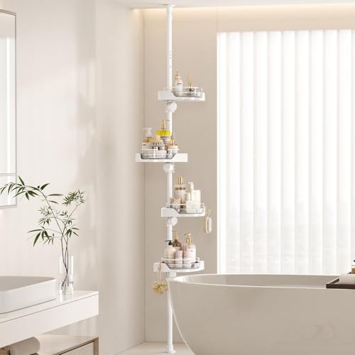 shuang qing 360° Rotating Corner Shower Caddy Tension Pole Organizer - 4-Tier Adjustable Rustproof Metal Pole, Plastic Shelves with Safety Guardrail, Bathroom Storage for Shower & Bathtub(White) shuang qing