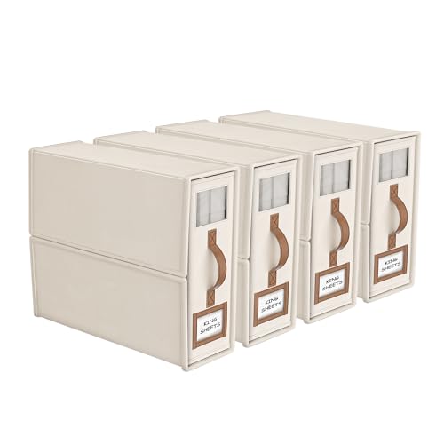 BigPonPon 4 Pack Foldable Bed Sheets Set Organizers and Storage(King & Queen Size),Linen Fabric Closet Organizers with Window,Folding Bedding Storage Box for Bedsheets and Pillow Cube Organizer-Beige BigPonPon