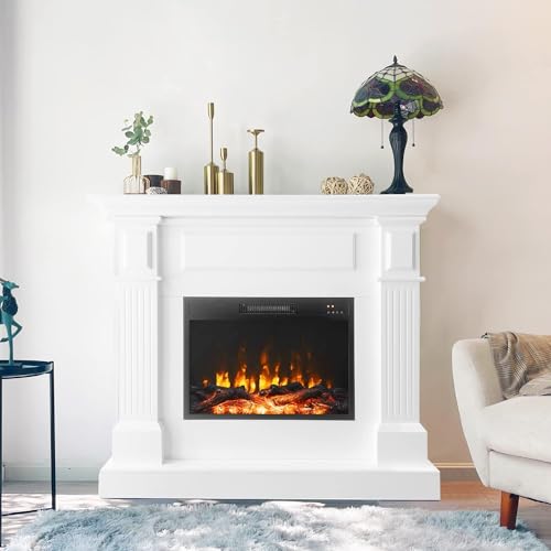 43 Inch Electric Fireplace with Mantel, Tall Fire Place Heater Freestanding with Remote Control Timer LED Flame for Living Room Bedroom, White Cloud Mountain