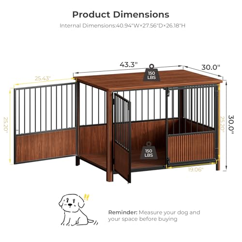 Zivanti 43'' XL Fluted Large Dog Crate Furniture with 3 Doors, Modern Indoor Decorative Dog Crate End Table, Wooden Dog Kennel Cage for Medium to Large Dogs, Walnut Zivanti