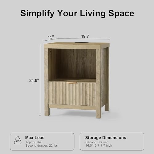 OAKHAM HOME Night Stand Set of 2, Fluted Nightstand with Charging Station Bed Side Table End Table with Drawer Storage Mid Century Wood Night Stands for Bedroom Living Room (Sunwashed Ash Oak) OAKHAM HOME