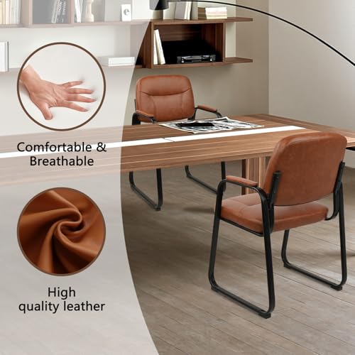 CLATINA Waiting Reception Chairs No Wheel, Leather Guest Chair with Padded Arms, Modern Brown Office Desk Chairs with Sled Base for Office Meeting Conference Room Lobby Home Living Room (4 Pack) CLATINA