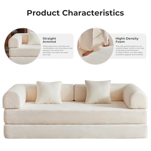 79" Convertible Sofa Bed No Assembly, 5-in-1 Sleeper with Fixed Frame & Corduroy Cloud Cushion, Foldable Futon Couch for Small Apartment, Guest Room, Office (Beige White) Bsxupke